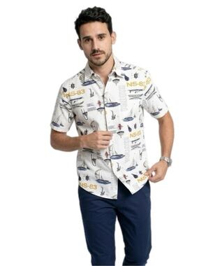 Nautica Men’s White Short-Sleeve Button-Down Shirt Nautical Print Size Medium